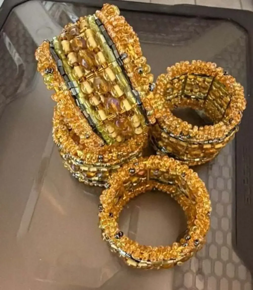 GOLD and Orange NAPKIN RINGS. Beaded Napkin Rings. From the 70's.
